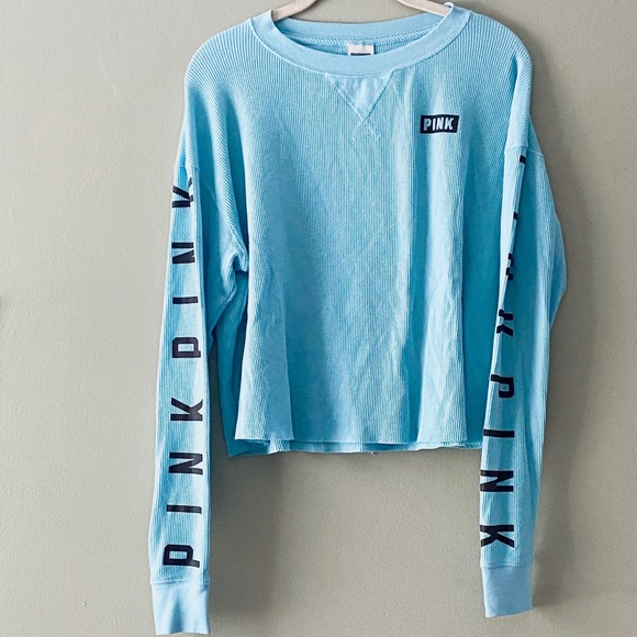 PINK Victoria's Secret Tops - • PINK VS light blue thermal/waffle knot crop top•